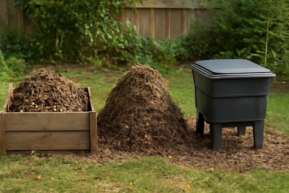 Three types of home compost containers: a hot pile, a simple heap and a worm bin