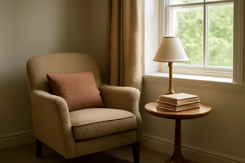 A small armchair by a window with a lamp and pile of books