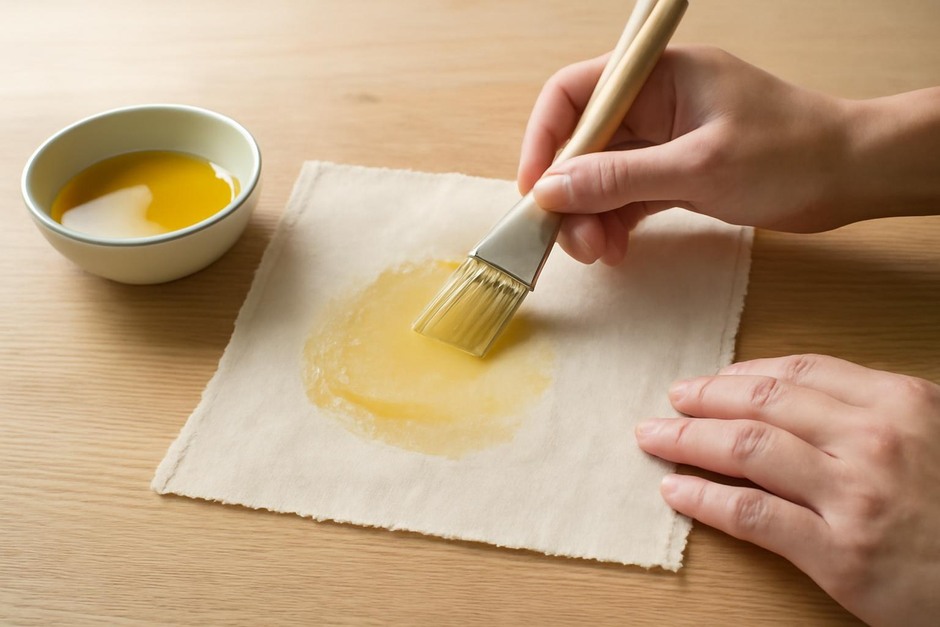 Hand spreading melted wax onto a cotton fabric square