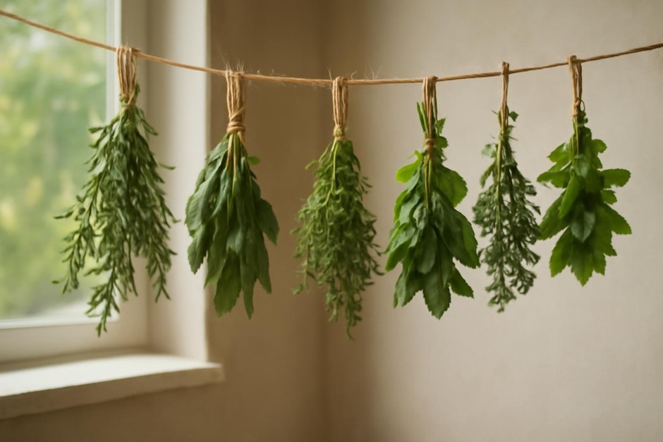 Bundles of herbs hanging to dry
