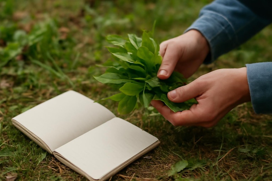 Hands holding a small bundle of freshly picked wild greens with a notebook nearby