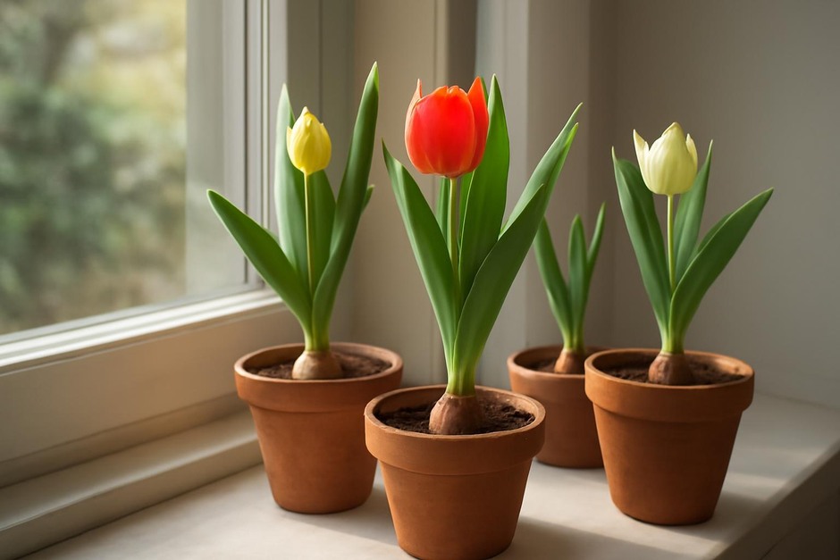 Potted tulip bulbs starting to bloom on a sunny windowsill