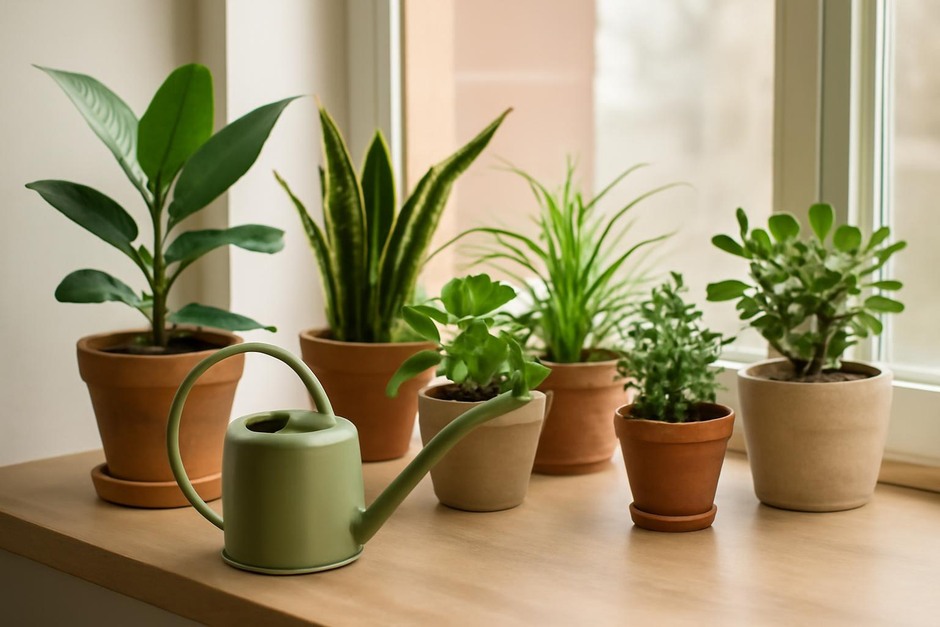 A watering can beside various potted houseplants on a windowsill