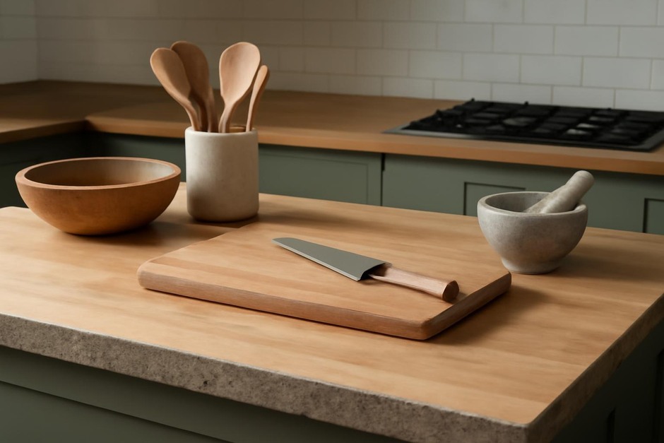 Wooden butcher-block countertop with stone edge and kitchen tools