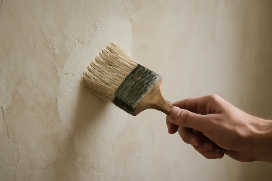 Close-up of a brush applying pale limewash to an interior plaster wall