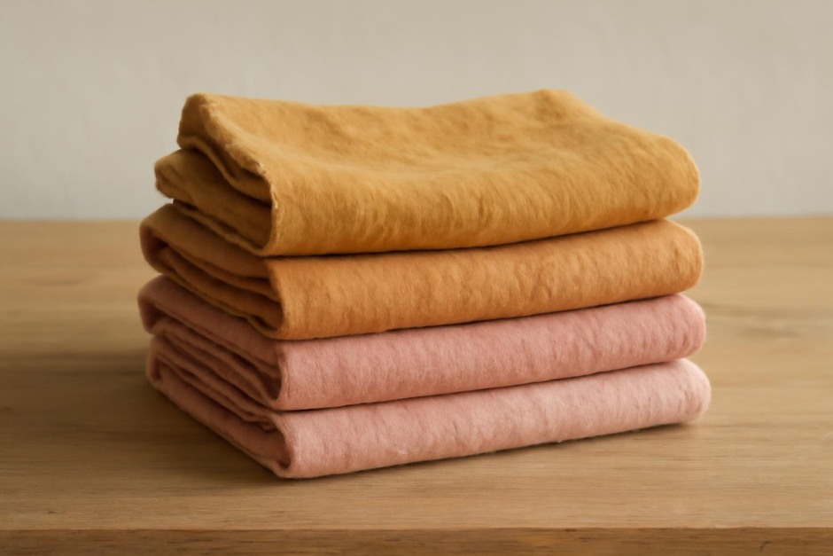 Stack of warm-toned tea towels dyed with onion skins and soft pinks from avocado pits