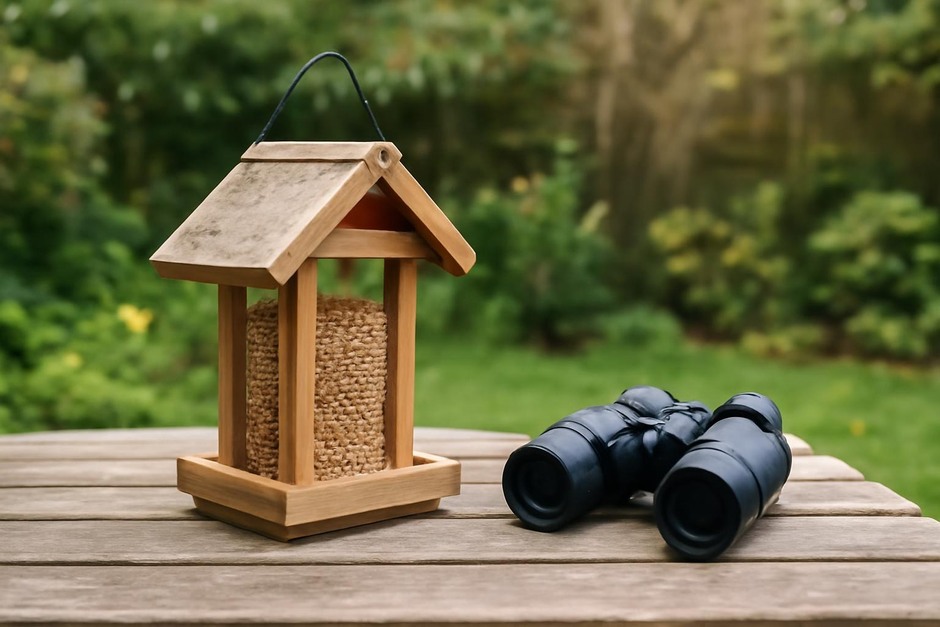 Small bird feeder and binoculars on a garden table