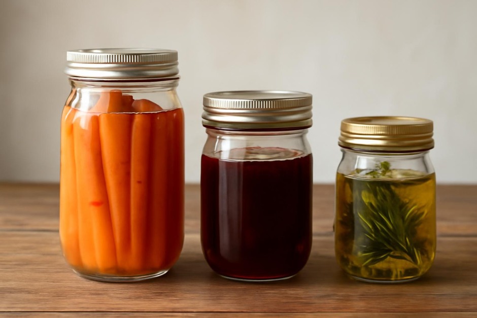 Three glass jars with preserved carrots, berry syrup, and herb oil on a wooden surface
