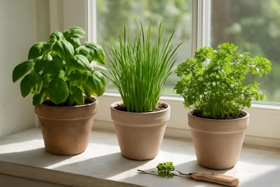 Three small pots of basil, chives and parsley on a sunny windowsill
